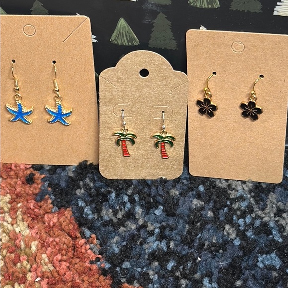 HANDMADE Earring Set of 3 Pair ~ Starfish, Palm Tree & Hawaiian Flower Earrings - Picture 2 of 5